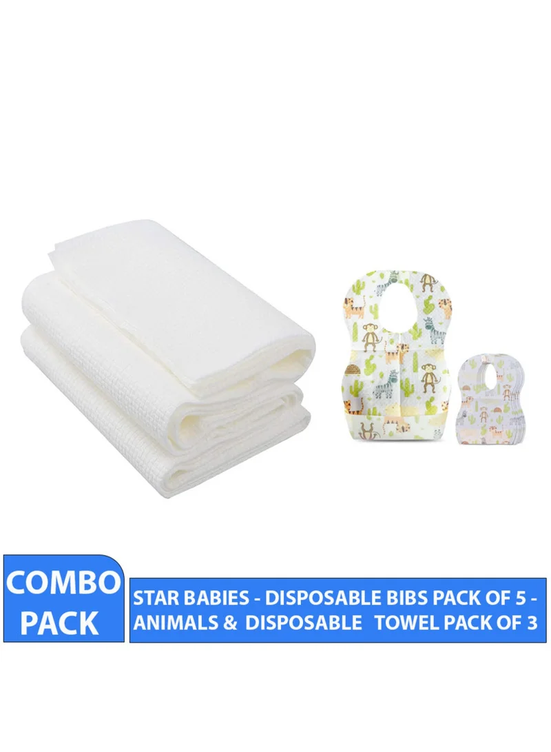 STAR BABiES Combo Pack Disposable Bibs Pack Of 5 With Disposable Towel Pack Of 3 Animal